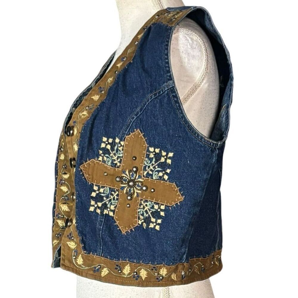 Studded Western Sleeveless Cropped Vest Size Medium Cross Blue Boho Festival - Picture 5 of 13